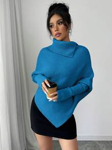 Elenzga Áo len dệt kim cổ cao màu trơn cánh dơi bất đối xứng cổ điển dành cho nữ, thời trang và đa năng cho ngày lễ và kỳ nghỉ - Màu xanh ngọc - Xem 5