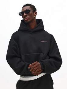 SUMWON 落肩宽松短款连帽套头衫，带中央口袋抽绳兜帽，休闲街头风冬季秋季运动衫 - 黑色 - 查看 2