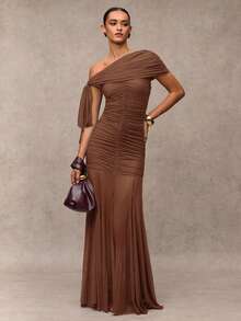 SHEIN BAE 女士纯色褶饰不对称优雅长裙 - 棕色 - 查看 3