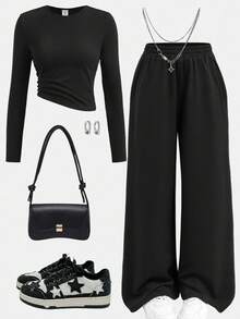 Girlism Teen Girls T-Shirt Co-Ords Solid Color Crew Neck Long Sleeve Snug Fit T-Shirt And Sweatpants Set - Black - View 1