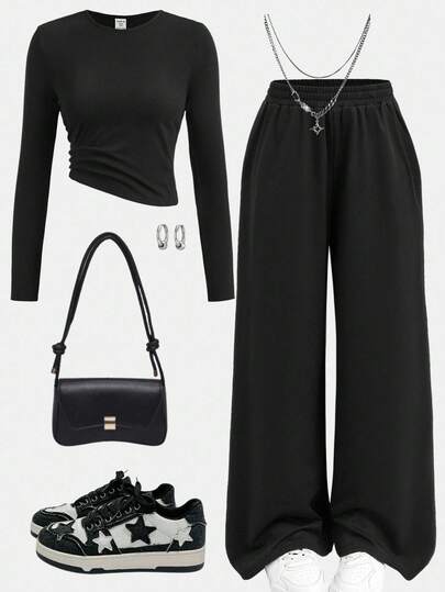 Girlism Conjunto de camiseta y pantalón de chándal de unicolor de cuello redondo y manga larga con ajuste ceñido para adolescentes