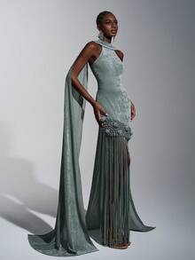 Elitara 优雅、浪漫、性感、简约、灰绿色、天鹅绒面料、流苏装饰、手工串珠、亮片拖尾、时尚、节日、度假、生日派对、婚礼活动、正式晚礼服 - 綠色 - 查看 2