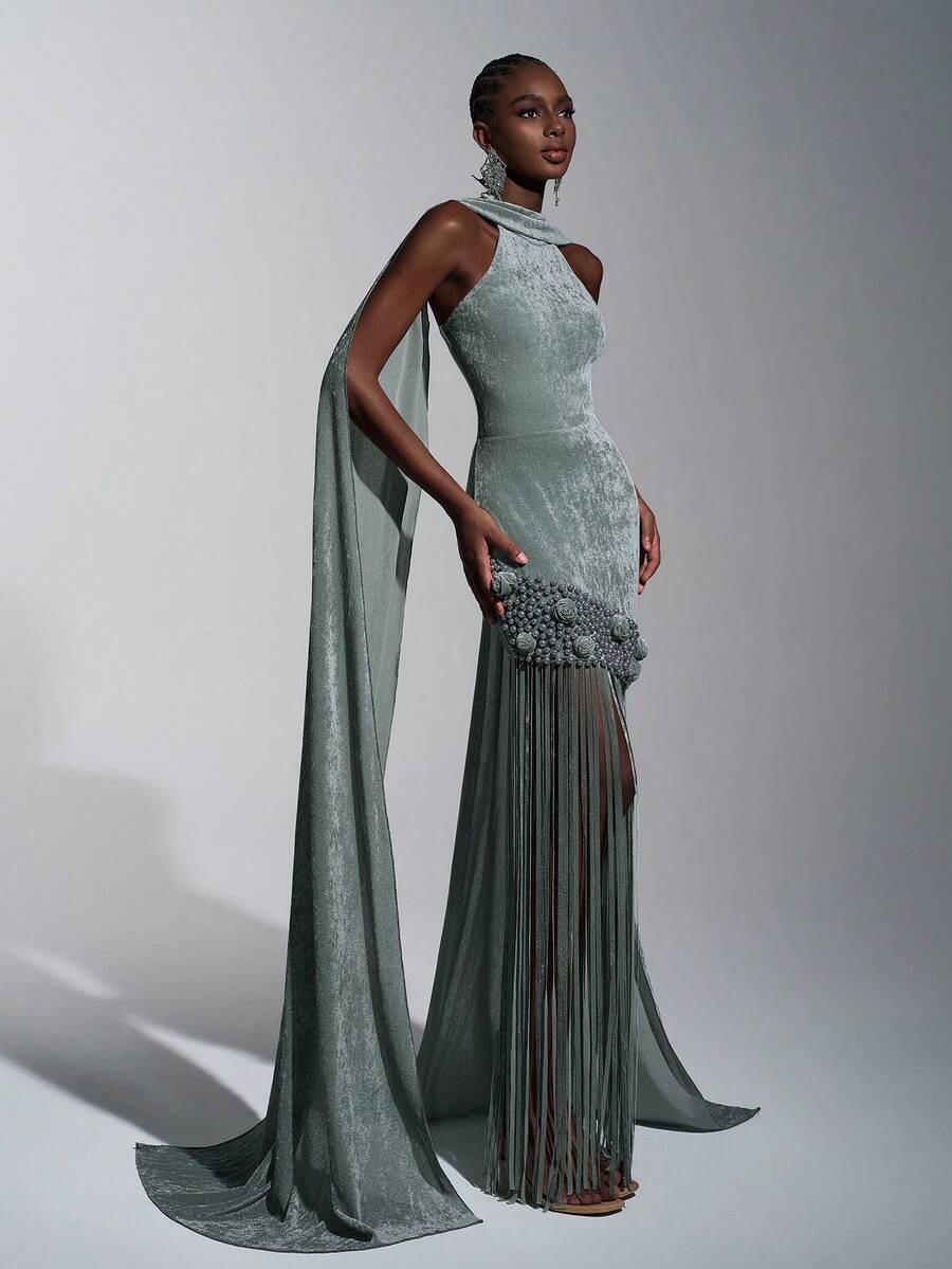 Elitara 优雅、浪漫、性感、简约、灰绿色、天鹅绒面料、流苏装饰、手工串珠、亮片拖尾、时尚、节日、度假、生日派对、婚礼活动、正式晚礼服