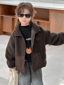 DAZY Young Boy Autumn/Winter Embroidered Design Drop Shoulder Long Sleeve Zip-Up Sherpa Jacket