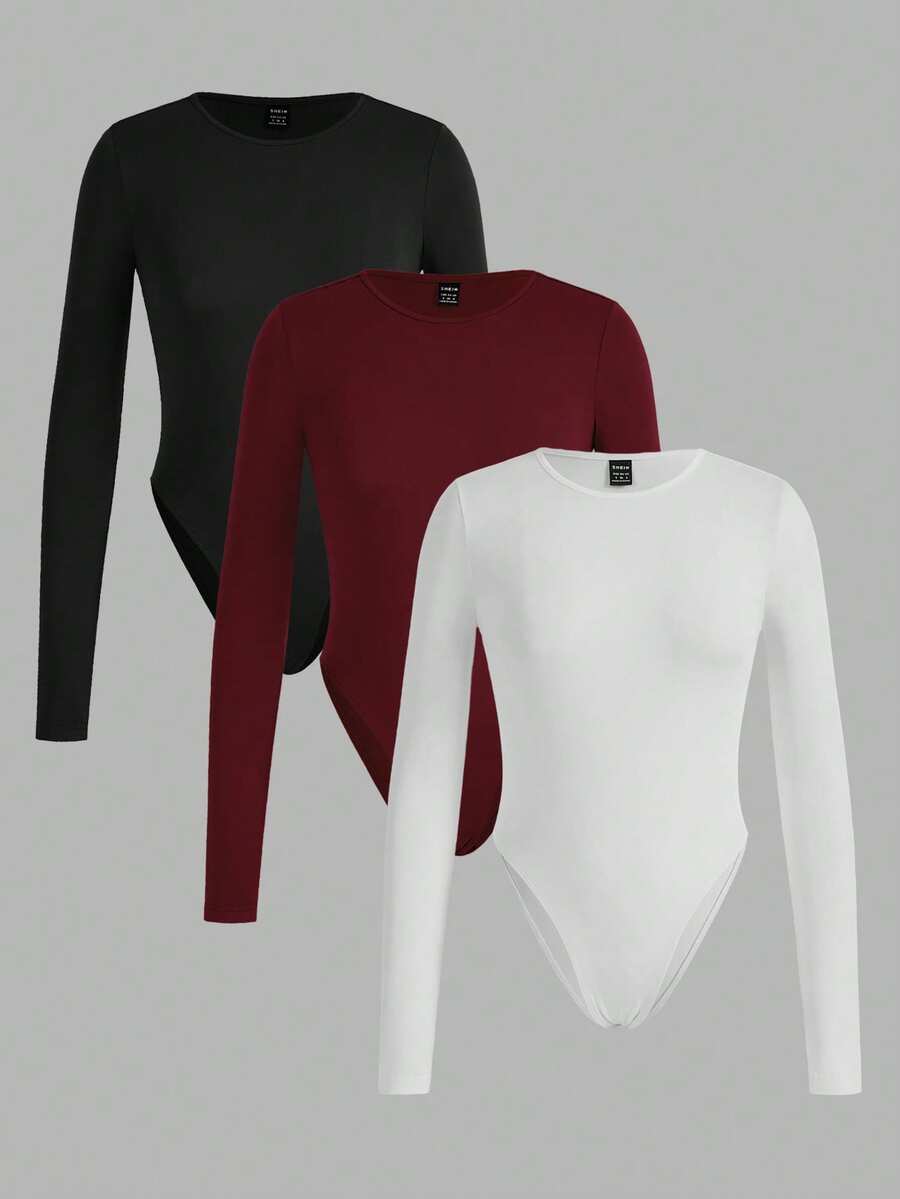 SHEIN EZwear 3 件套纯色百搭户外和室内撞色女式长袖紧身衣，适合春秋季节 - 彩色 - 查看 1