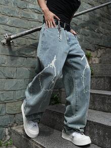 Manfinity EMRG Loose Men's Lightning Print Wide Leg Jeans - Light Wash - View 4