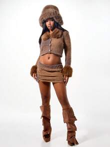 SUMWON WOMEN Fluffy Knit Cropped Cardigan With Fur Collar And Cuff Trim Button Front Winter Sweater - Brown - View 4