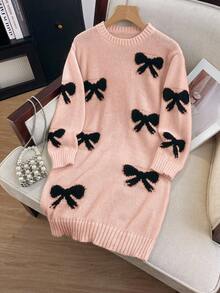 SHEIN 1件套女童毛衣裙，可爱款式，黑色蝴蝶结提花图案，圆领，常规袖长，袖口和下摆收紧，常规厚度，优雅象牙色针织裙，知性时尚修身，适合春秋冬 - 粉色 - 查看 7