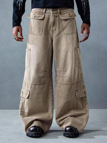 ROMWE MEN Street Life Men's Loose Fit Patchwork Waistband Cargo Jeans - Khaki - View 3