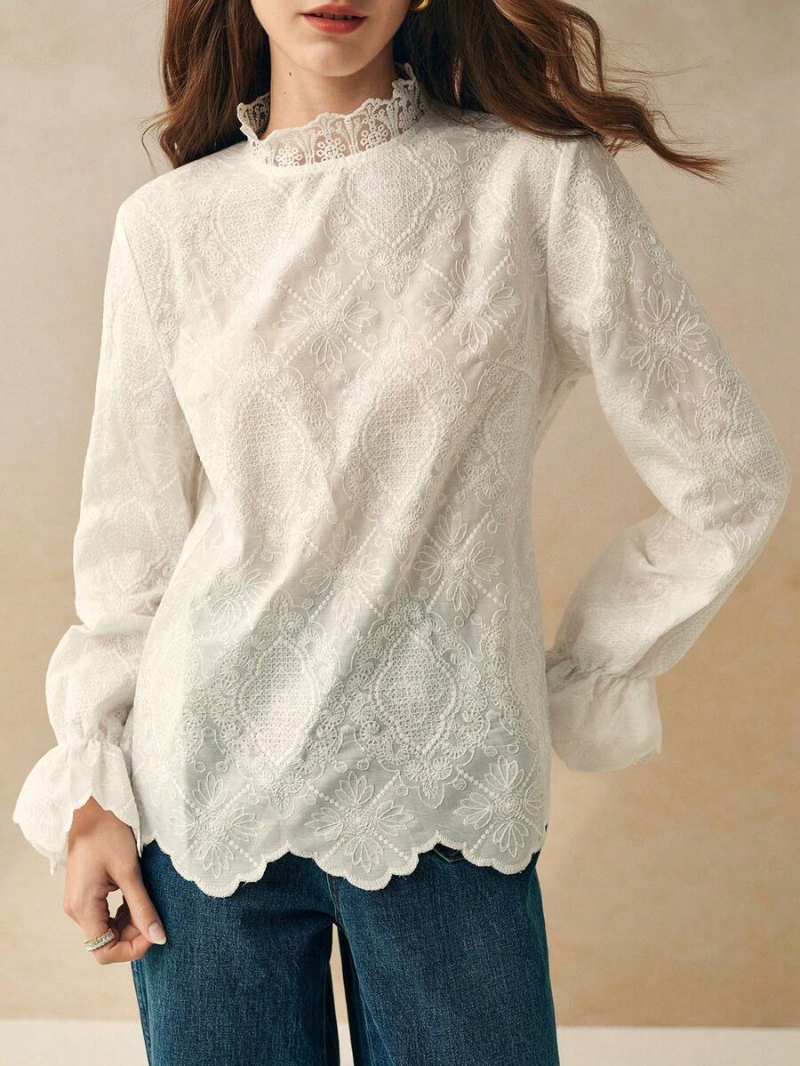 Cévolie 优雅的白色蕾丝领喇叭袖衬衫