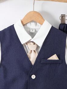 SHEIN 3 件套青少年男孩韩版修身商务正装西装背心、直筒裤和可拆卸领带 3 件套，适合日常穿着、宴会、派对、主持、唱歌表演等场合，适合夏季、春季和秋季 - 藏蓝色 - 查看 3