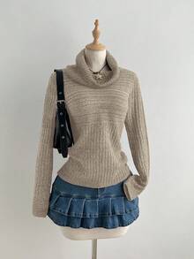 Elamini 女式高领修身毛衣，秋冬 - 摩卡棕 - 查看 1