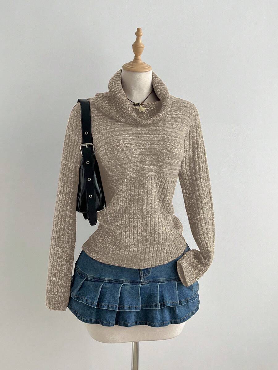 Elamini 女式高领修身毛衣，秋冬 - 摩卡棕 - 查看 1