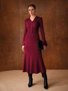 MOTF PREMIUM Elegant Knitted Flare Sleeve Top And Mermaid Hem Skirt Set, Autumn/Winter - Blue - View 2