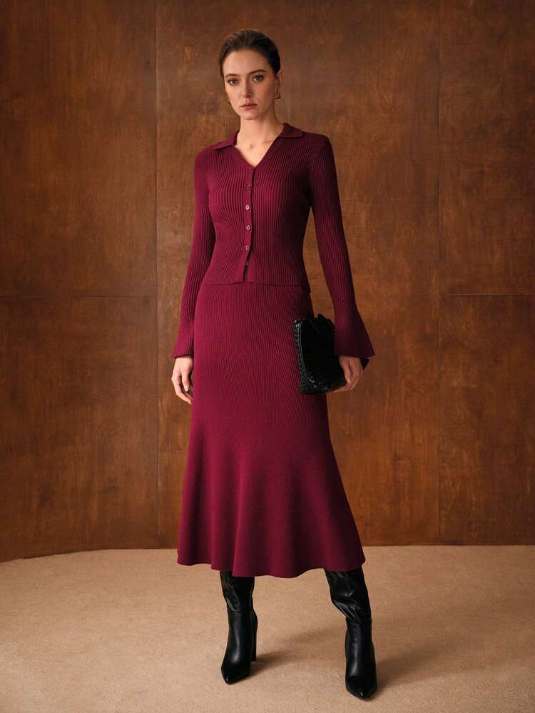 Elegant Knitted Flare Sleeve Top And Mermaid Hem Skirt Set, Autumn/Winter