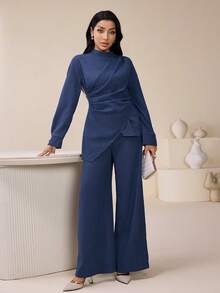 Veilorie 2pcs Women's Arabic Style Outfit (Long Sleeve Top And Wide Leg Pants Set) - Dusty Blue - View 3