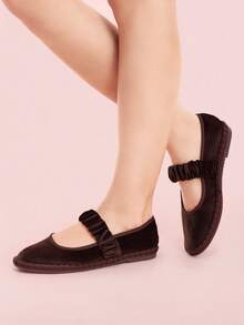CUCCOO DOLLMOD Giày bệt Mary Jane nhung cổ điển thanh lịch màu nâu, thoải mái, co giãn, xếp ly - Màu nâu Sô-cô-la - Xem 6