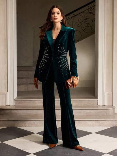 ZEYLAH Chaqueta entallada de terciopelo con bordado y cuentas, para otoño/invierno