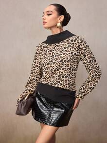 Modelyn Women's Autumn Leopard Print Turtleneck Long Sleeve Backless Fashionable Color Block Shirt - Multicolor - View 5