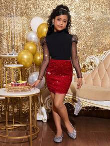 SHEIN 青少年女孩优雅立领亮片网眼拼接修身黑色 T 恤，圣诞节，黑色，亮片，闪光，派对，新年，聚会 - 黑色 - 查看 4