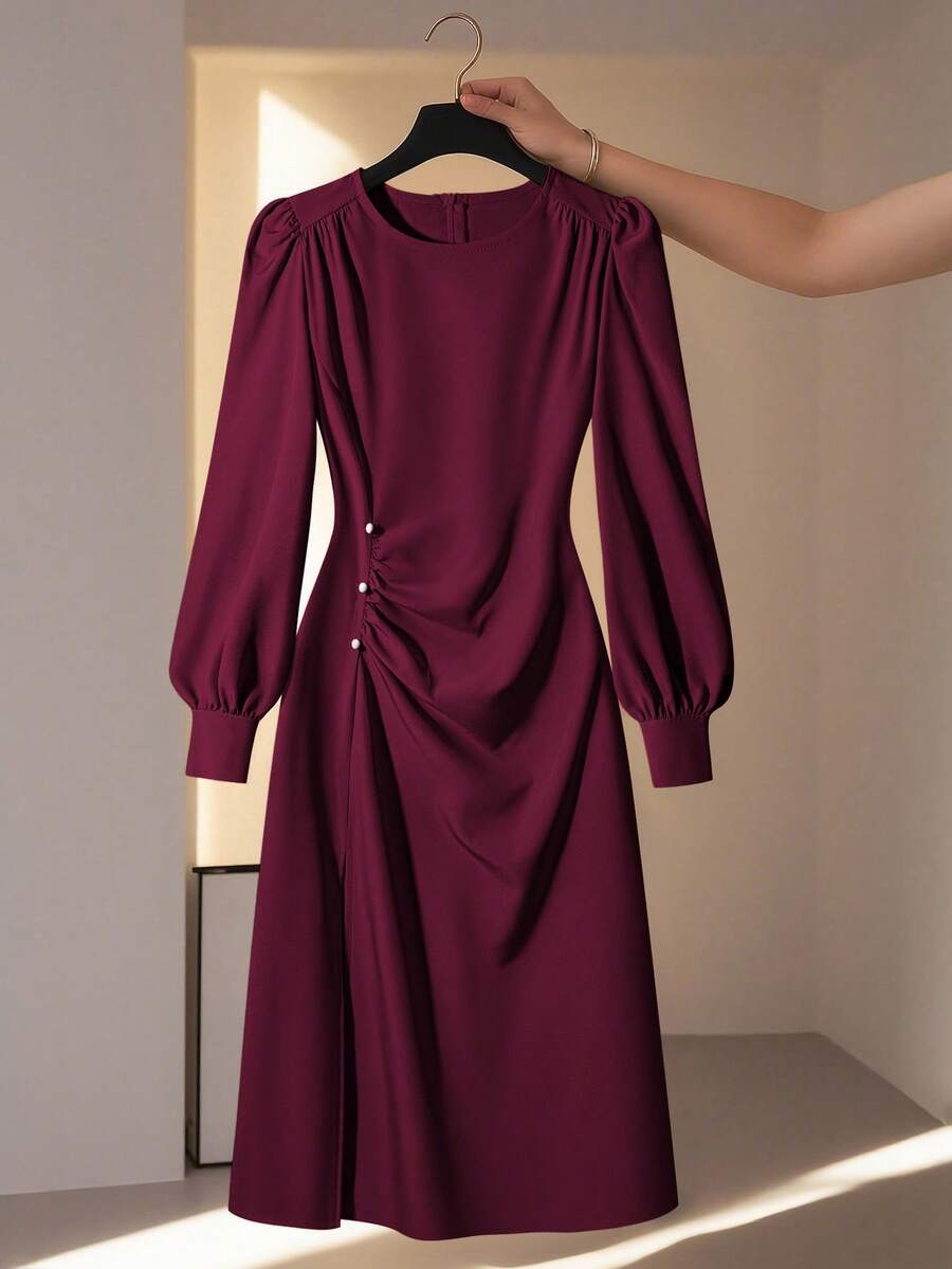 Franclia 女式纯色圆领荷叶边长袖优雅连衣裙 - 酒紅色 - 查看 1