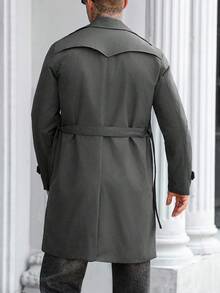 Manfinity Mode 男士街头风 INS 同款黑色纯色防尖领双排扣翻领宽松长袖风衣，纯色休闲风衣，男友老公周年纪念礼物，灰色 - 深灰色 - 查看 2