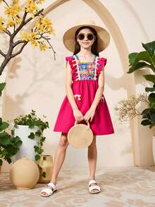 Young Girl Crochet Printed Fringe Tassel Detail Ruffle Edge Decorated A-Line Dress - Hot Pink - View 3