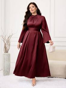 Modelyn Plus Size Elegant Solid Color Bell Sleeve Dress, Suitable For Party/Christmas - Burgundy - View 3