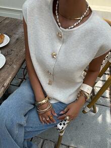 Siren Gaze 女装秋冬新款金属扣装饰针织背心海星纽扣上衣贝壳纽扣上衣女针织上衣，秋季 - 杏色 - 查看 6