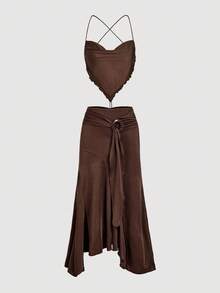 SHEIN MOD Conjunto de top marrón retro sin espalda y falda larga asimétrica con volantes de cintura alta para tallas grandes - Marrón - Ver 10