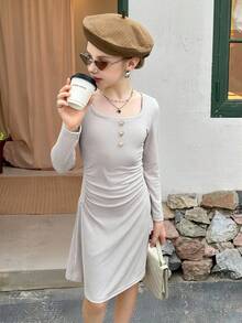 Tween Girls Button Decor Long Sleeve Dress, Fashionable & Elegant School Style Fall Winter - Light Grey - View 1