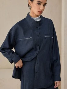 Women's Navy Blue Denim Effect Cargo Zip Pocket Long Sleeve Loose Blouse, New Autumn Design - Navy Blue - View 7