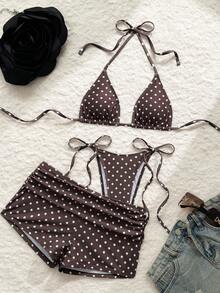 Swim Vcay Summer New Beach Vacation Party Afternoon Tea Polka Dot Print Micro Triangle High Cut Side Tie Ruched 3 Pieces Women Swimsuit Set Polka Dot Bikini Swimsuits 2 Pieces Women Bathing Suit Set Star Bikini Polka Dot Bathing Suit Pokadot Bikini Women Bathing Suit Set - Coffee Brown - View 2