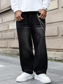 Manfinity EMRG Men's Casual Loose Fit Distressed Black Denim Jeans, Perfect Holiday Gift For Boyfriend & Husband Black Baggy Jeans Men Men Jeans Loose Fit Black Mens Jeans