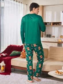 圣诞糖果和可爱小熊印花撞色长袖上衣和裤子男士睡衣套装秋冬服装