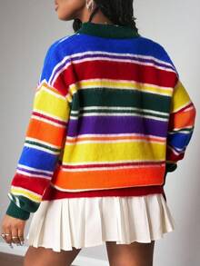 SHEIN Slayr 2025年新款早秋秋冬休闲街头日常约会生日派对简约风流行V领长袖露肩超宽松中长款毛呢开衫彩虹 - 彩色 - 查看 4