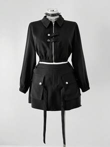 Sunspun Plus Size Vintage Workwear Collared Shirt, Cropped Zip-Up Crop Top Jacket Foromen American Casual Workwear Pocket Skirt With Tie, Mini Bodycon Skirt Foromen, 2-Piece Set - Black - View 3