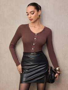 Modelyn Women's Contrast Lace Button Design Long Sleeve Fitted Blouse - Brown - View 6