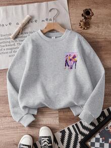 GraphicGems Young Girls' Casual Comfortable Fashionable Versatile Creative K-POP Demon Hunters Cartoon Girl Graphic Thermal Lined Crew Neck Sweatshirt, Suitable For Outings In Autumn/Winter - Grey - View 4