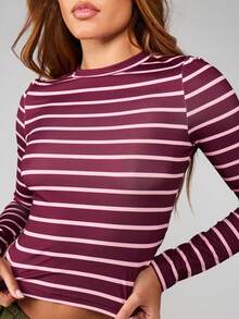 MISSGUIDED Striped Long Sleeve Crew Neck Fitted T-Shirt Fall Winter Casual Basic Top - Multicolor - View 5