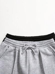 2 件套青少年女孩休闲褶皱口袋阔腿直筒运动裤套装，黑色和灰色 - 彩色 - 查看 8