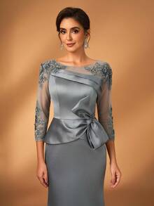 Serin 优雅奢华的刺绣蕾丝贴花薄纱长袖缎面拼接蝴蝶结鱼尾连衣裙，适合婚礼、派对、度假、盛大晚宴、新娘送礼会、新娘母亲正式礼服、情人节等场合。 - 灰色 - 查看 4