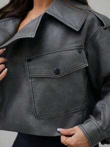 SAYEHFBABY Fashion Zip Up Laple Neck Crop Moto Jacket Fall Winter Cloth For Women - Grey - View 3