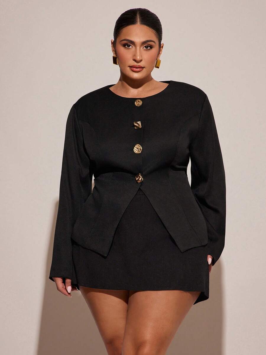SHEIN BAE Plus Size Elegant Solid Color Blazer & Skirt Suit, Suitable For Commuting - Black - View 1