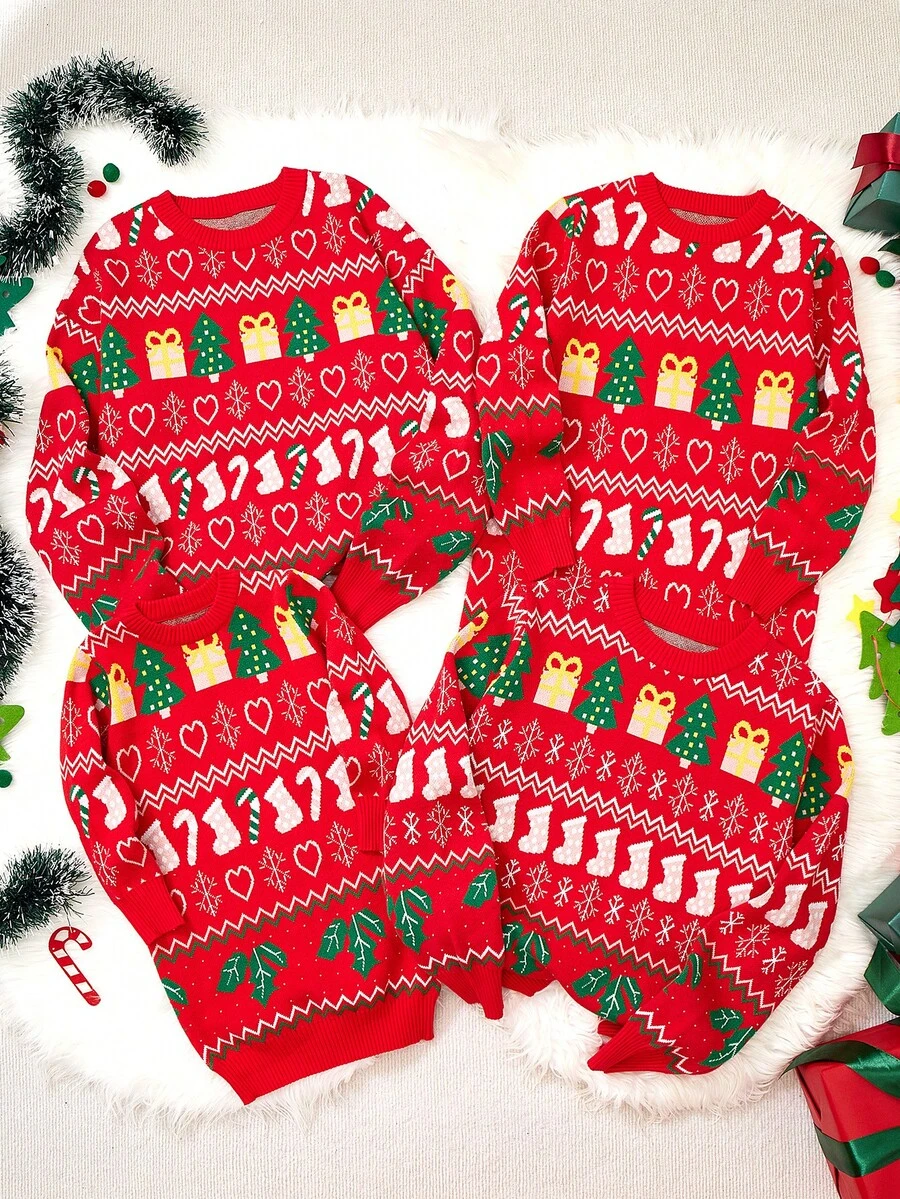 SHEIN Tween Girl Christmas Tree Pattern Crew Neck Sweater Dress, Autumn/Winter - Red - View 1