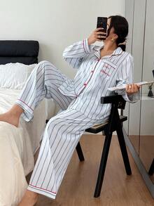 Napfluff CURVE Napfluff CURVE 大码泡泡褶皱条纹撞色滚边睡衣套装 秋冬服装 - 灰色 - 查看 3