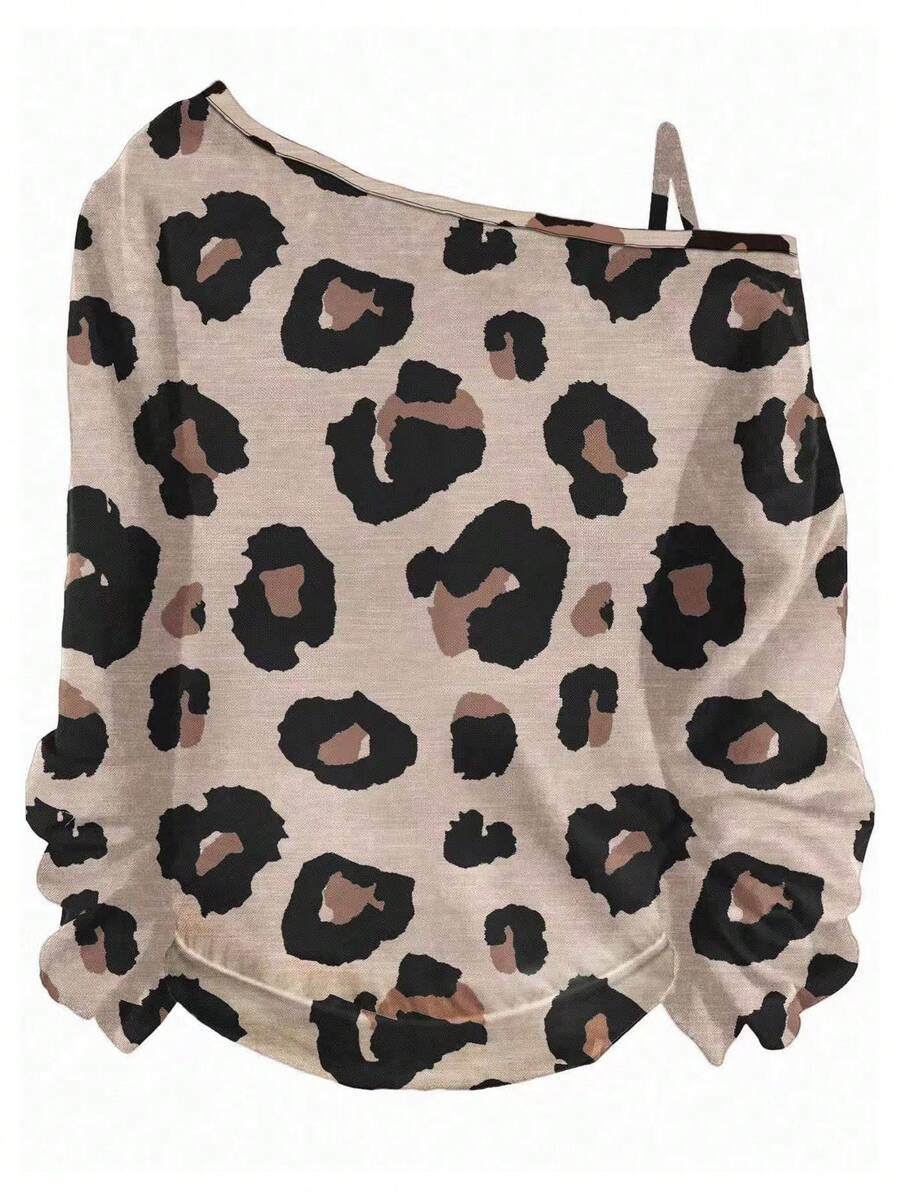 EMERY ROSE Asymmetrical Neck Long Sleeve Plus Size T-Shirt With Leopard Print Pattern And Stylish Fit Leopard Print Top Animal Print Top One Shoulder Top One Shoulder Leopard Top Leopard Top Cheetah Top Animal Print BlouseIn , - Multicolor - View 1