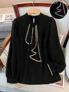 GlowEve CURVE 大码亮片拼接优雅长袖衬衫 - 黑色 - 查看 1