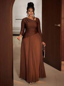 Maweii Plus Size Women Elegant Solid Color Asymmetric Neckline Ruched Long Sleeve Dress, Suitable For Wedding Guest, Party, Night Out, Fashion Design, Autumn