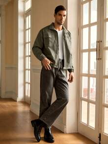 Mainfolk Men's Casual Stand Collar Contrast Color Line Utility Jacket, For Fall Winter - Army Green - View 6